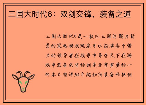 三国大时代6：双剑交锋，装备之道